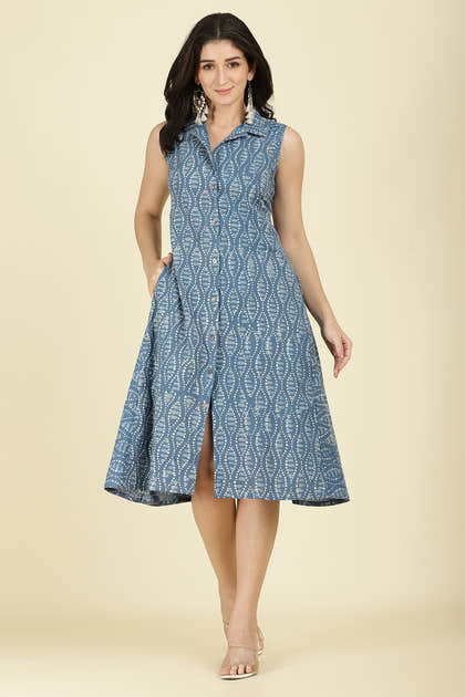 Indigo Cotton Block Printed Peonies Dress