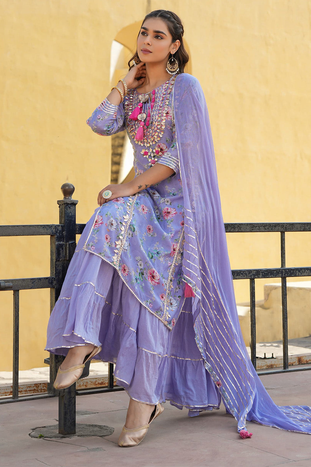 Light Lavender Color Muslin Embroidered & Floral Printed Kurta Set With Stitched Skirt