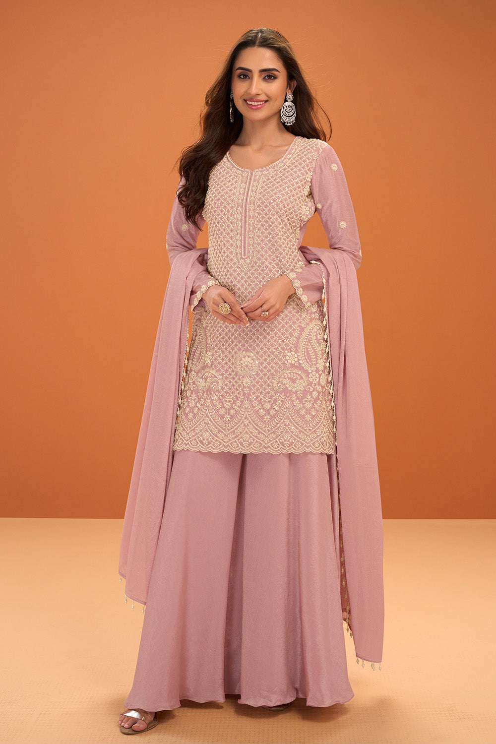 Dusty Pink Silk Cut-Dana And Resham Embroidered Suit With Palazzo
