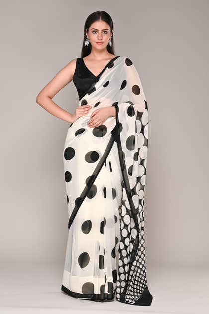 Cream And Black Color Polka-Dot Crepe Printed Saree