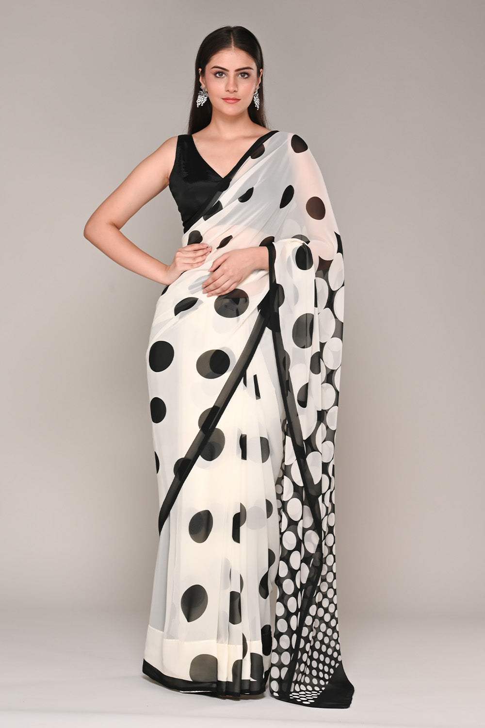 Cream And Black Color Polka-Dot Georgette Printed Saree