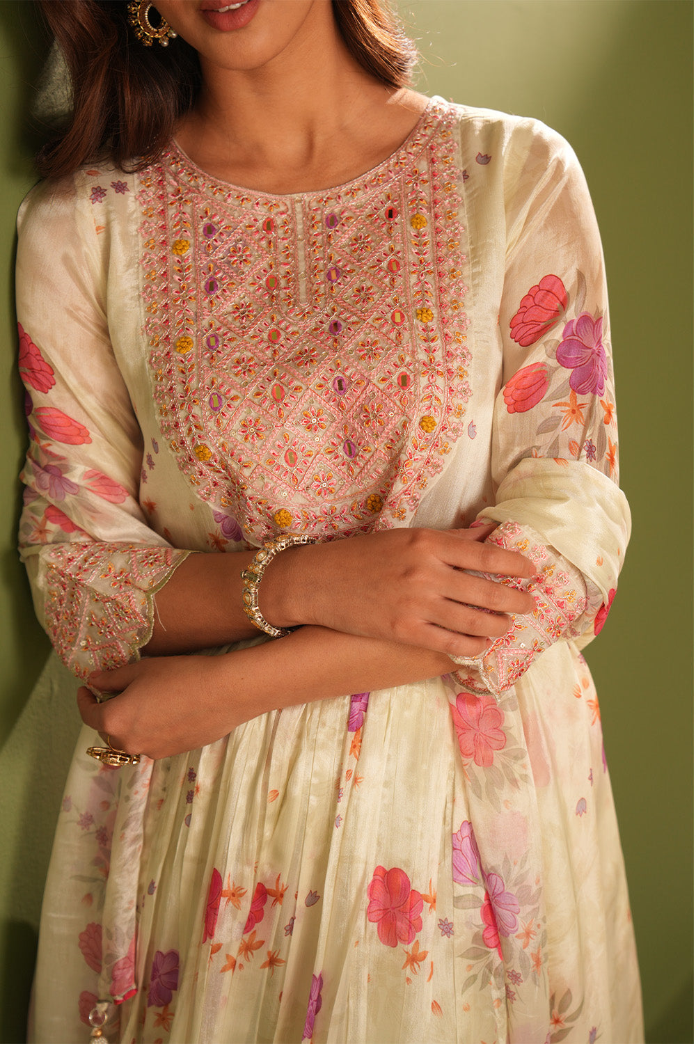 Cream Color Crepe Silk Neck Embroidered And Floral Printed Anarkali Suit