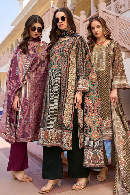 Brown Spun Mughal-Inspired Paisley Printed Unstitched Suits Material