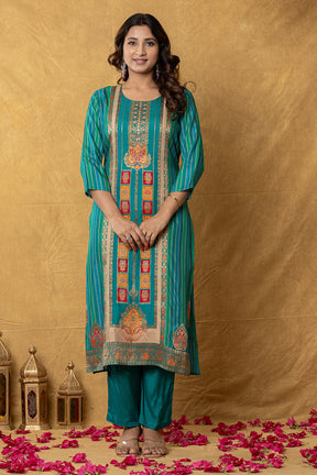Teal & Blue Crepe Silk Printed Suit Set