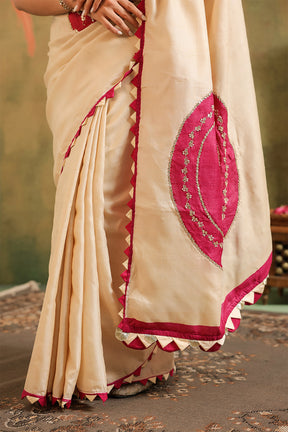 Cream Pure Tussar Zari And Gota-Patti Embroidered Saree