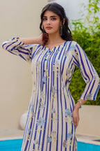 Beige & Blue Floral Printed Muslin Kurta Set