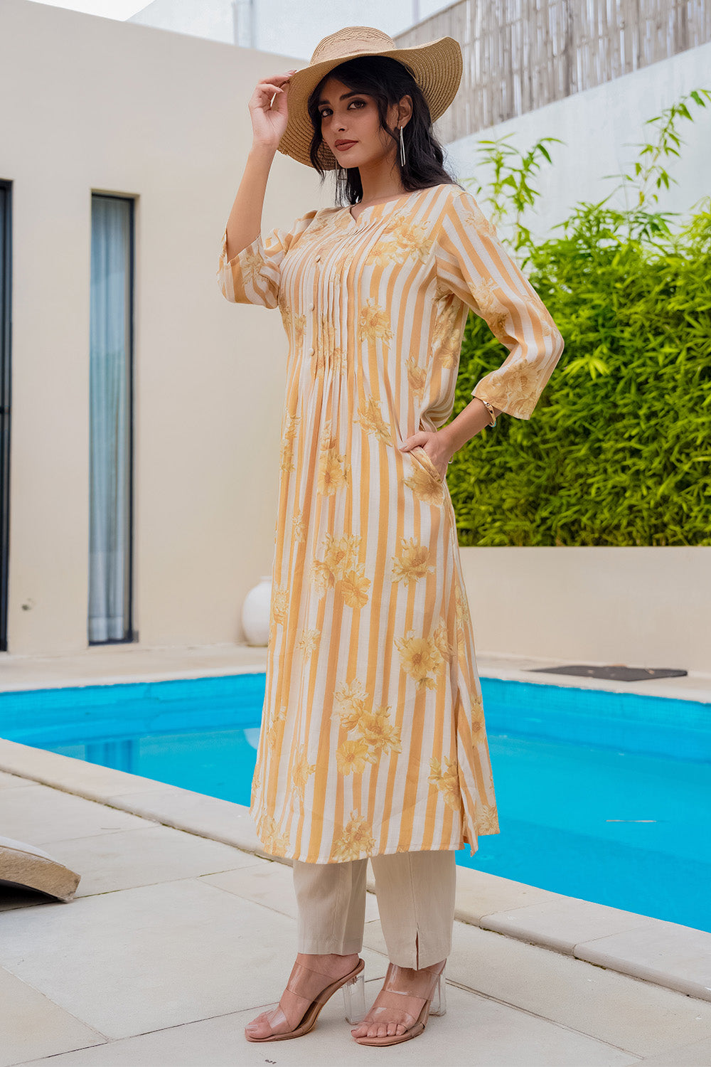 Mustard Muslin Floral Printed Kurta Set