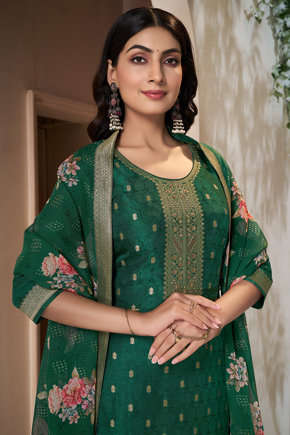Bottle Green Color Silk Woven Straight Suit