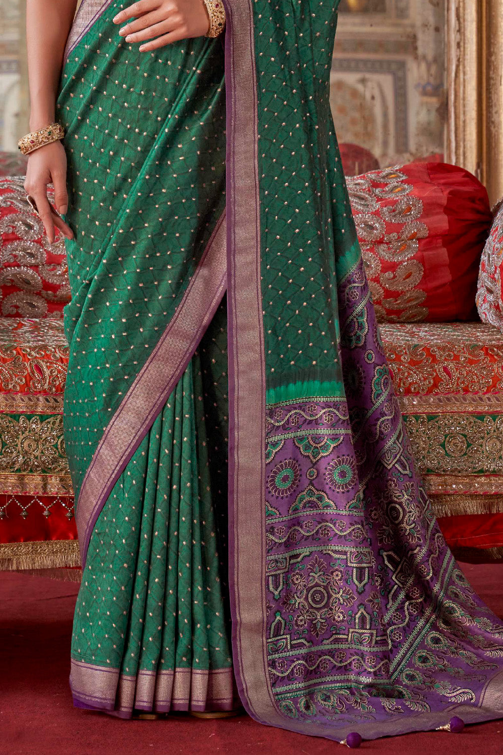 Green Color Bandhani Printed Gajji Silk Saree