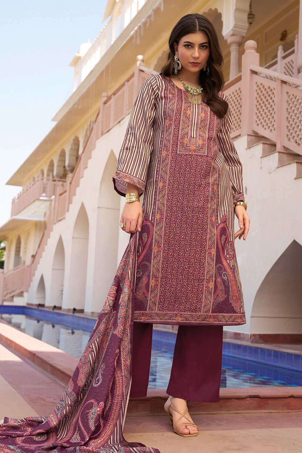 Beige & Wine Spun Mughal-Inspired Paisley Printed Unstitched Suits Material