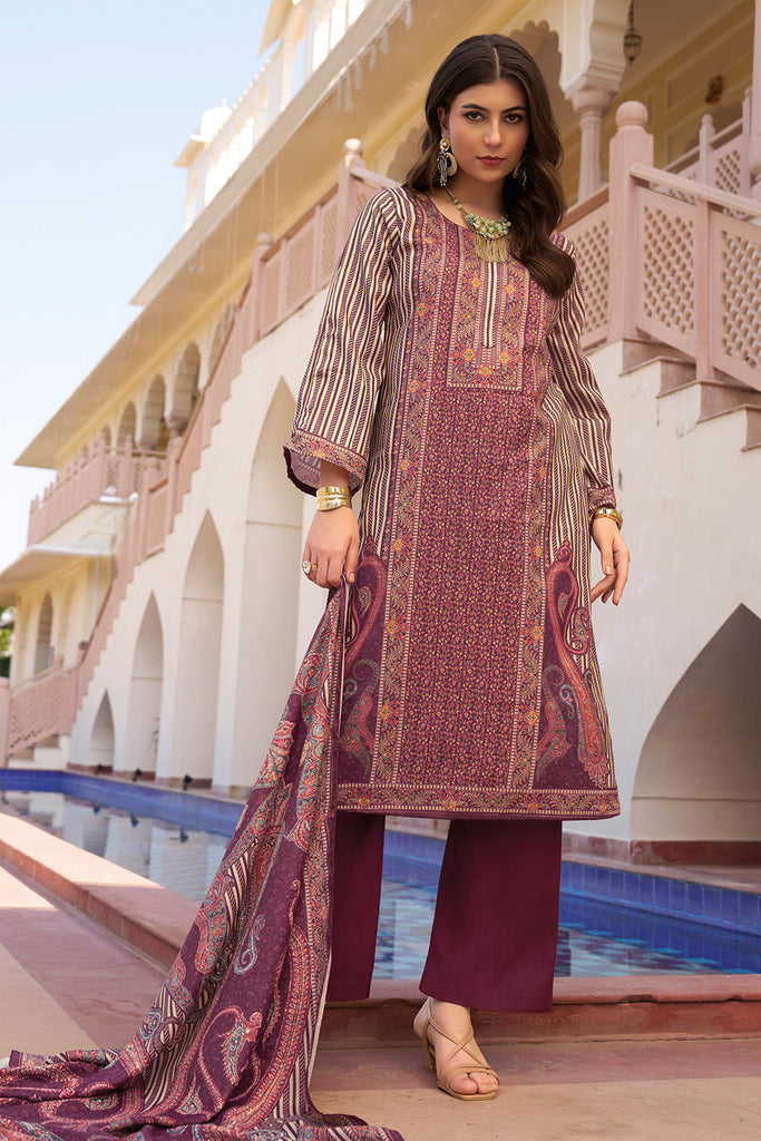 Beige & Wine Spun Mughal-Inspired Paisley Printed Unstitched Suits Material