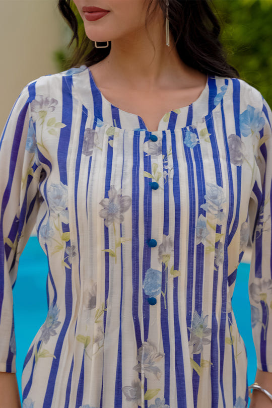 Beige & Blue Floral Printed Muslin Kurta Set