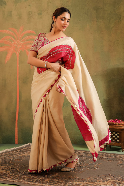 Cream Pure Tussar Zari And Gota-Patti Embroidered Saree