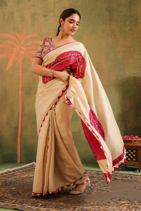 Cream Pure Tussar Zari And Gota-Patti Embroidered Saree