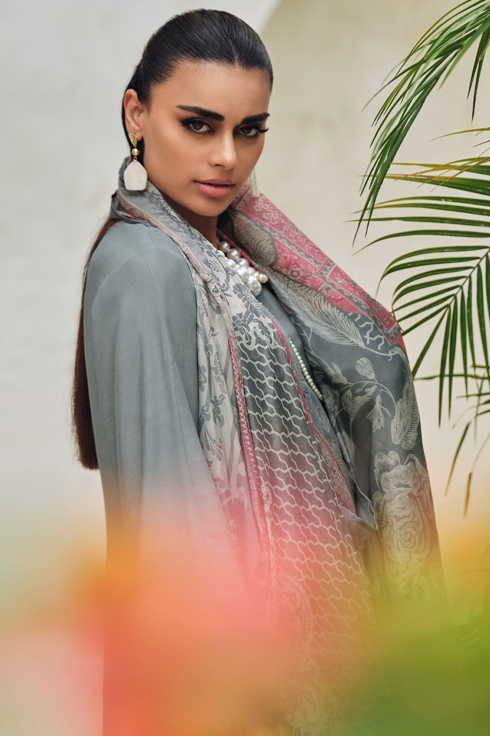 Grey Color Muslin Embroidered Unstitched Suit Material