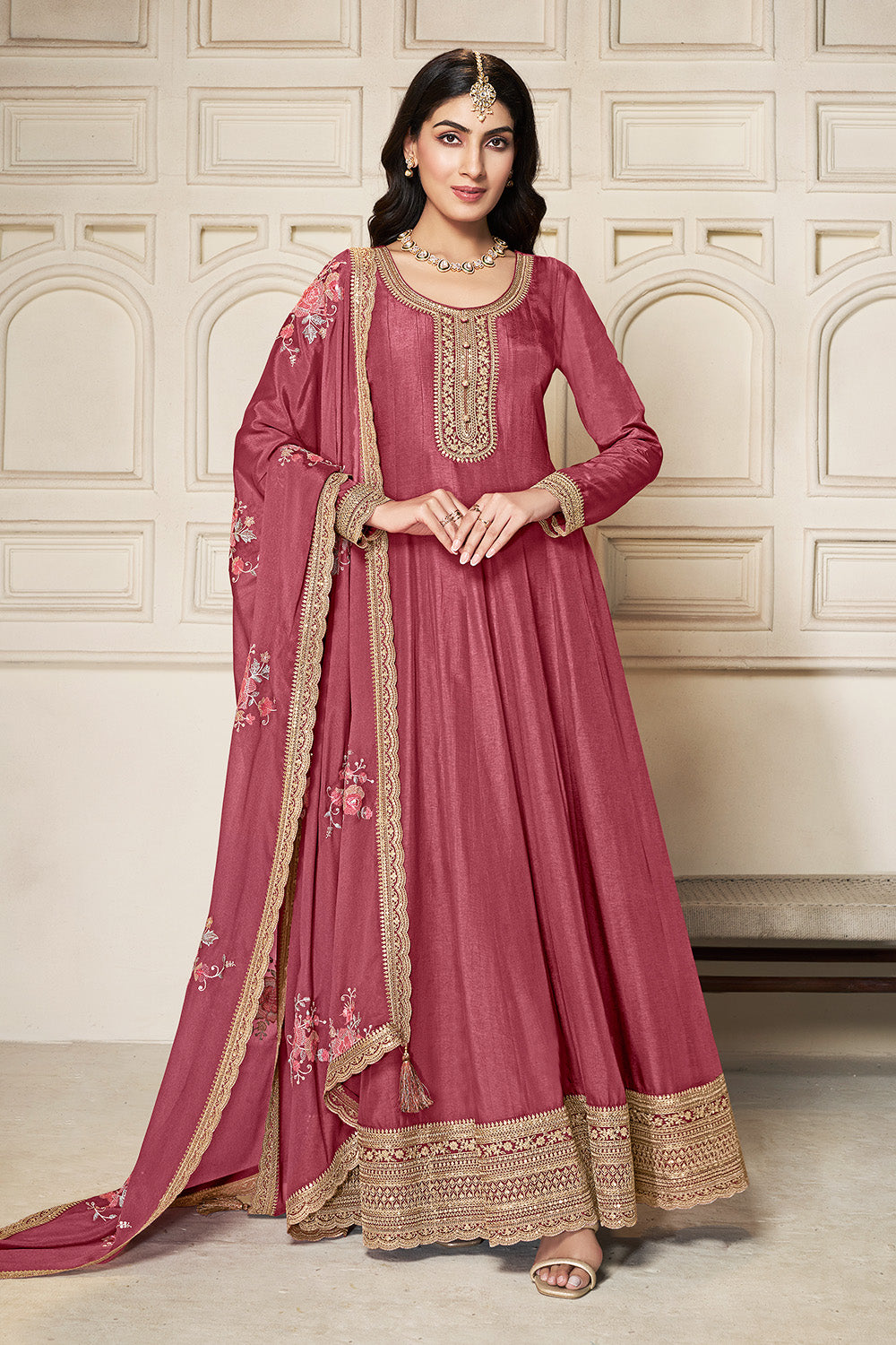 Solid Pink Color Silk Embroidered Anarkali Kurti  With Dupatta