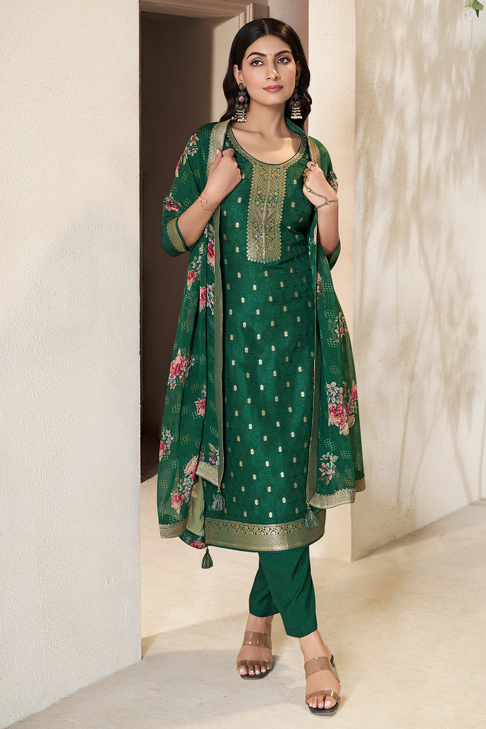 Bottle Green Color Silk Woven Straight Suit