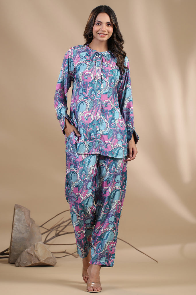 Turquoise Colour Muslin Printed Co-Ord Set