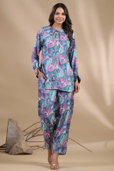 Turquoise Colour Muslin Printed Co-Ord Set