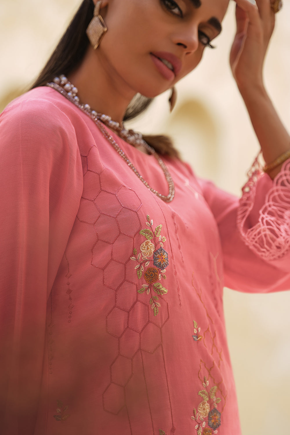 Coral Color Muslin Embroidered Unstitched Suit Material