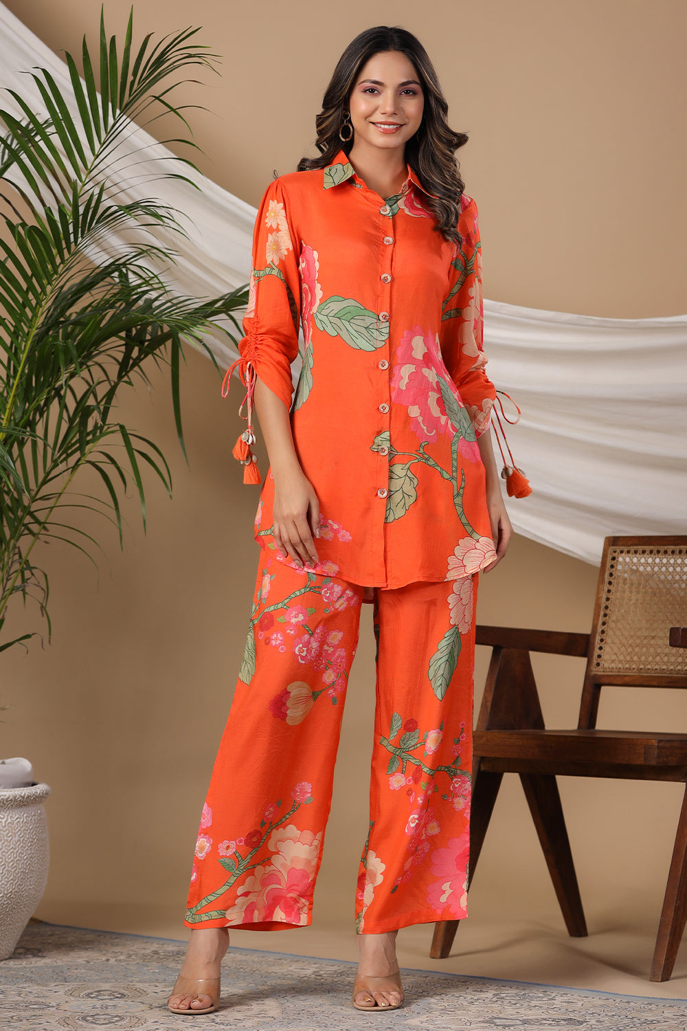 Orange Color Muslin Printed Co-Ord Set