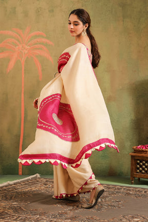 Cream Pure Tussar Zari And Gota-Patti Embroidered Saree