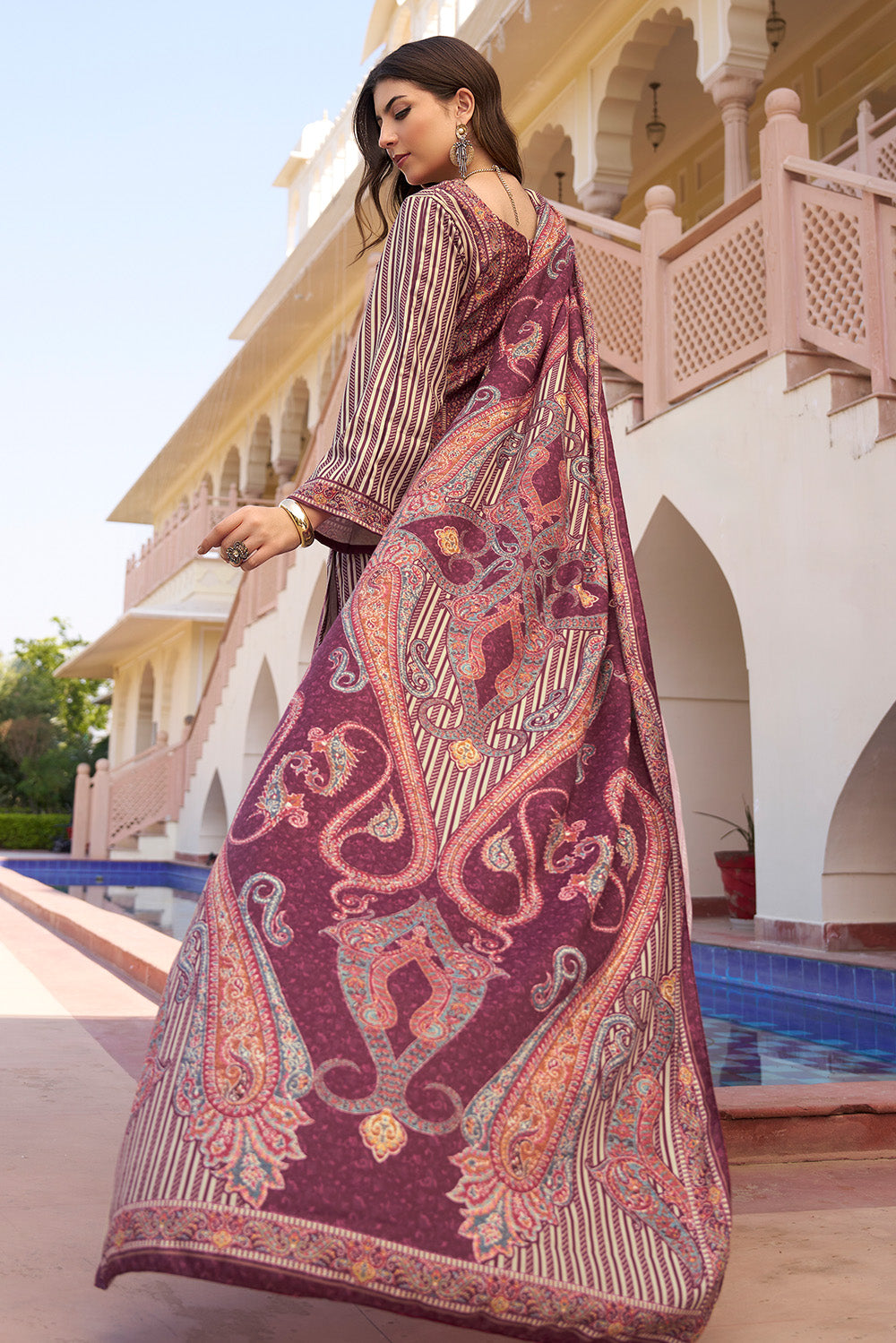 Beige & Wine Spun Mughal-Inspired Paisley Printed Unstitched Suits Material