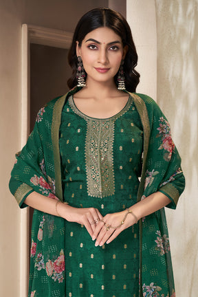 Bottle Green Color Silk Woven Straight Suit