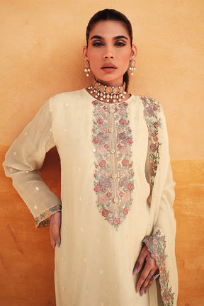 Cream Color Embroidered Organza Unstitched Suit Material