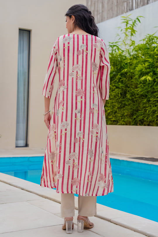 Beige & Maroon Floral Printed Muslin Kurta Set