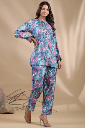 Turquoise Colour Muslin Printed Co-Ord Set