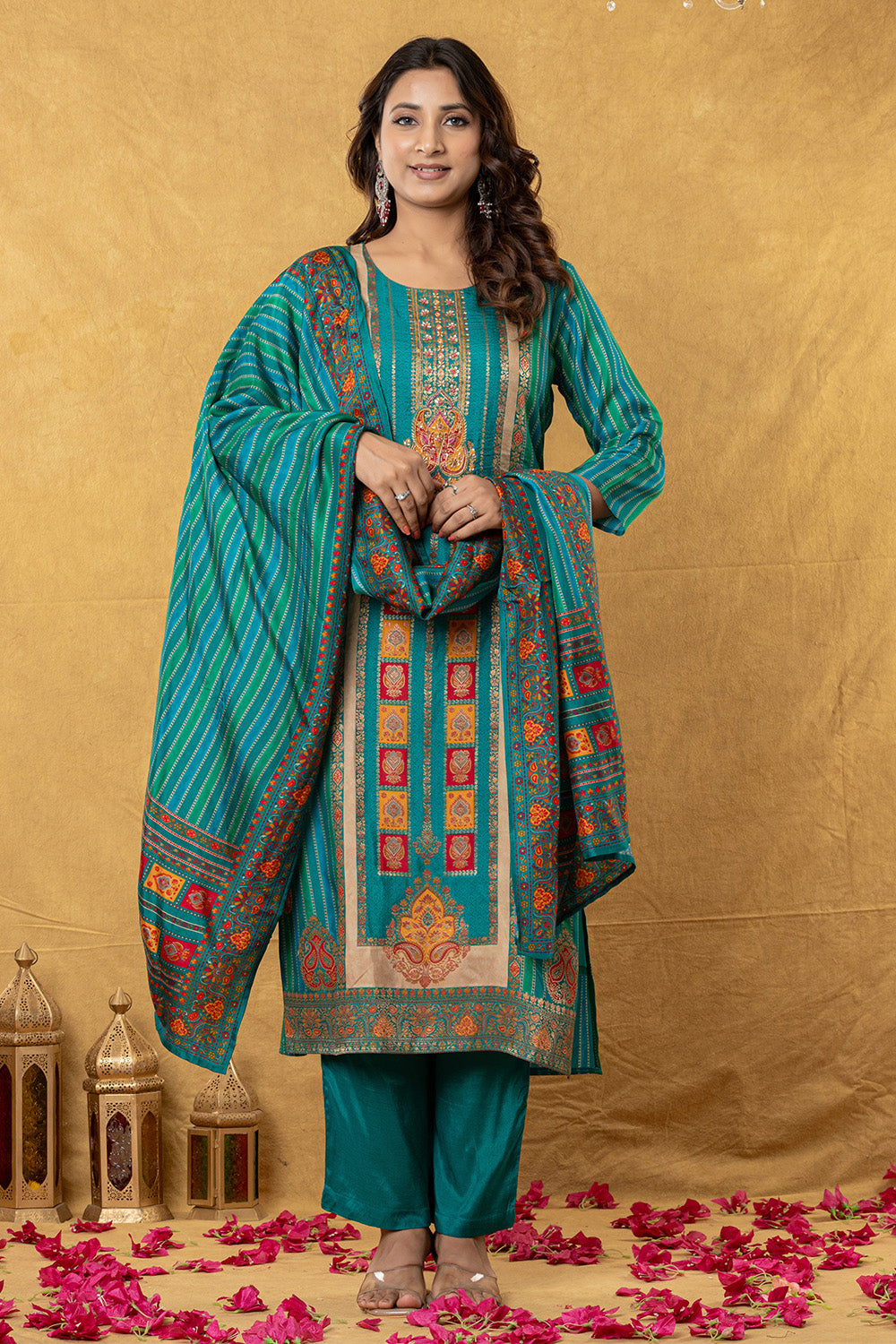 Teal & Blue Crepe Silk Printed Suit Set