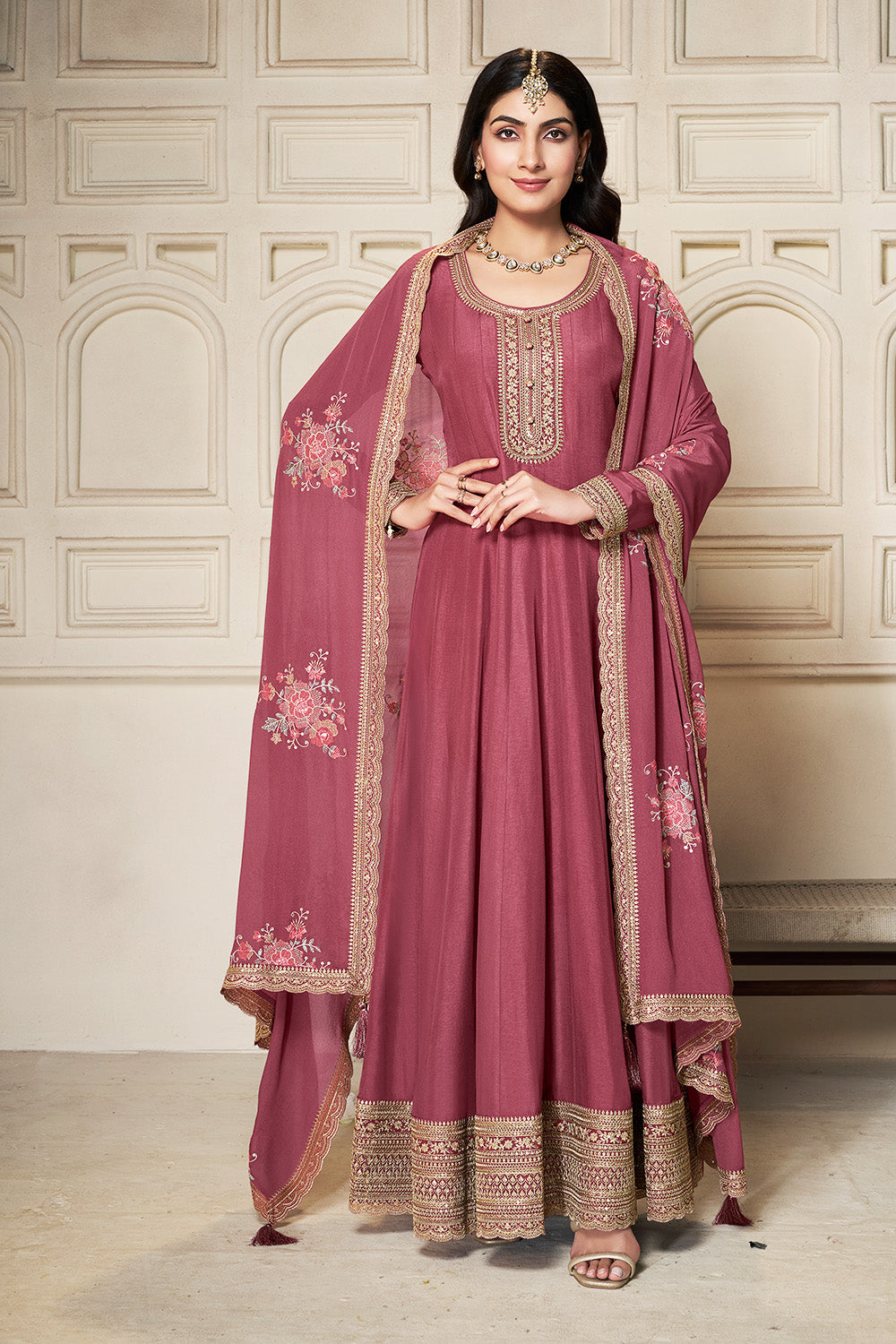 Solid Pink Color Silk Embroidered Anarkali Kurti  With Dupatta