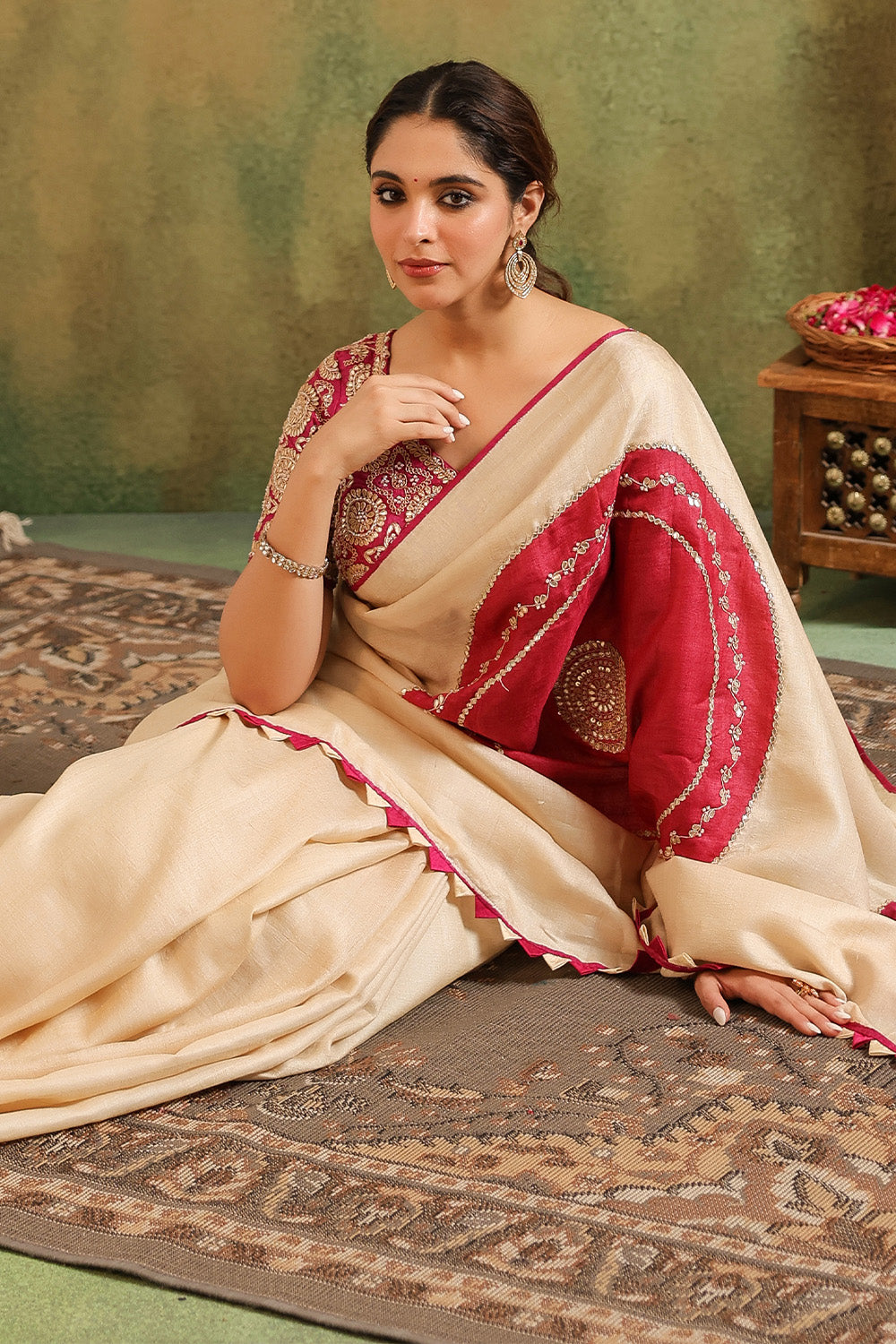 Cream Pure Tussar Zari And Gota-Patti Embroidered Saree