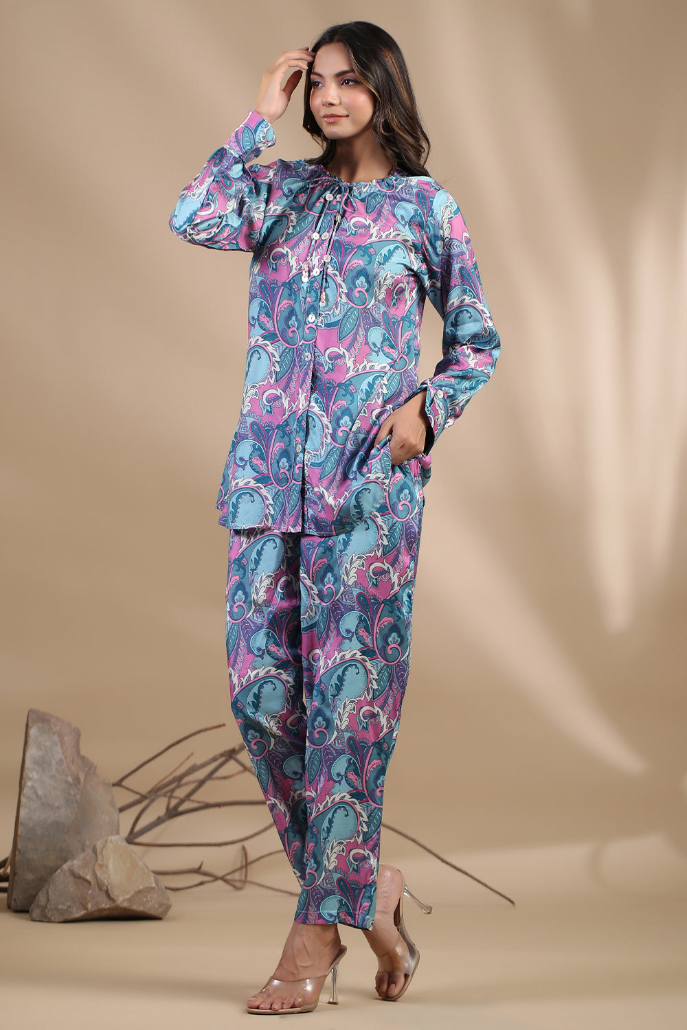 Turquoise Colour Muslin Printed Co-Ord Set