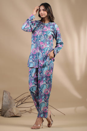 Turquoise Colour Muslin Printed Co-Ord Set
