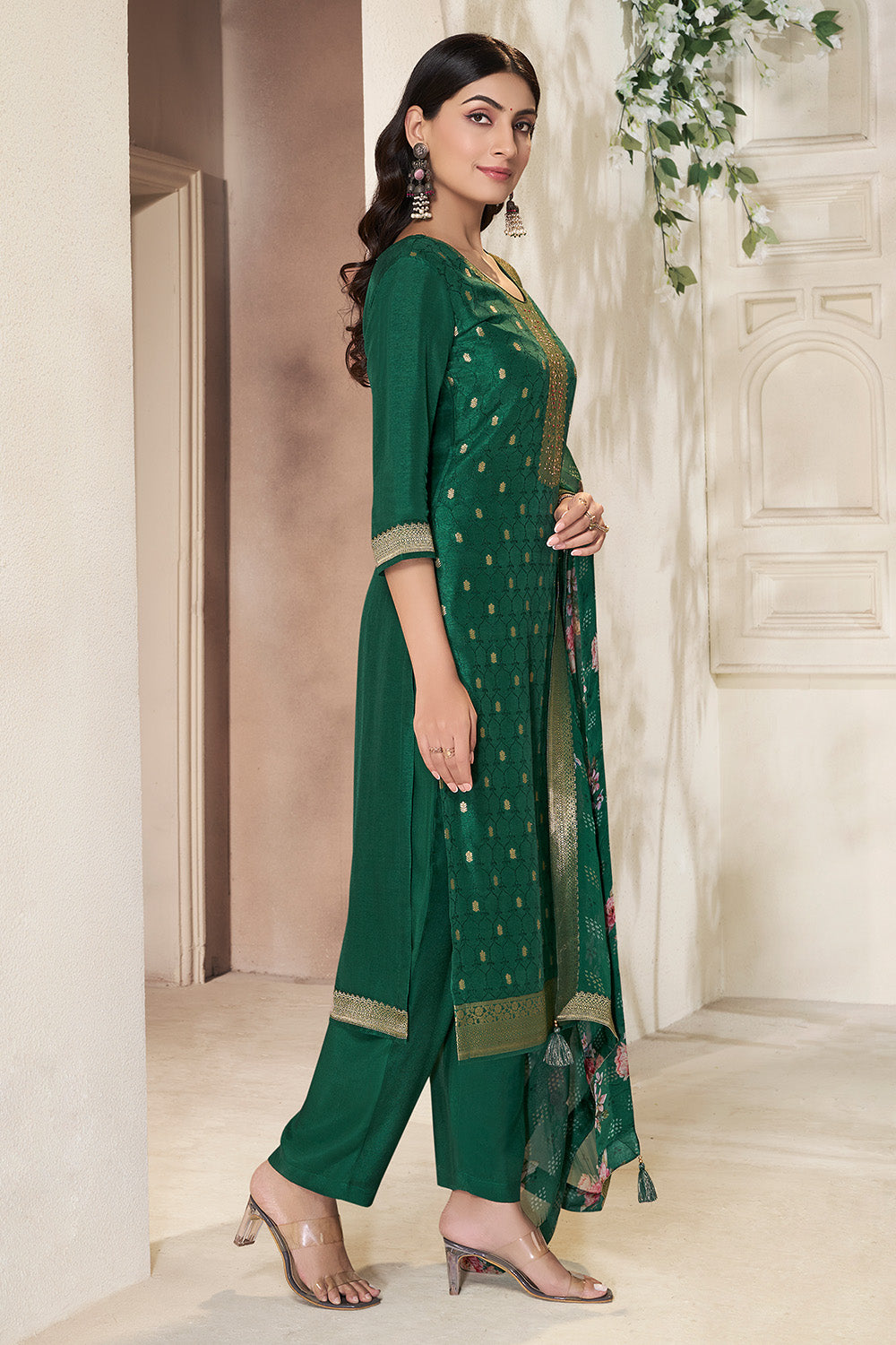 Bottle Green Color Silk Woven Straight Suit