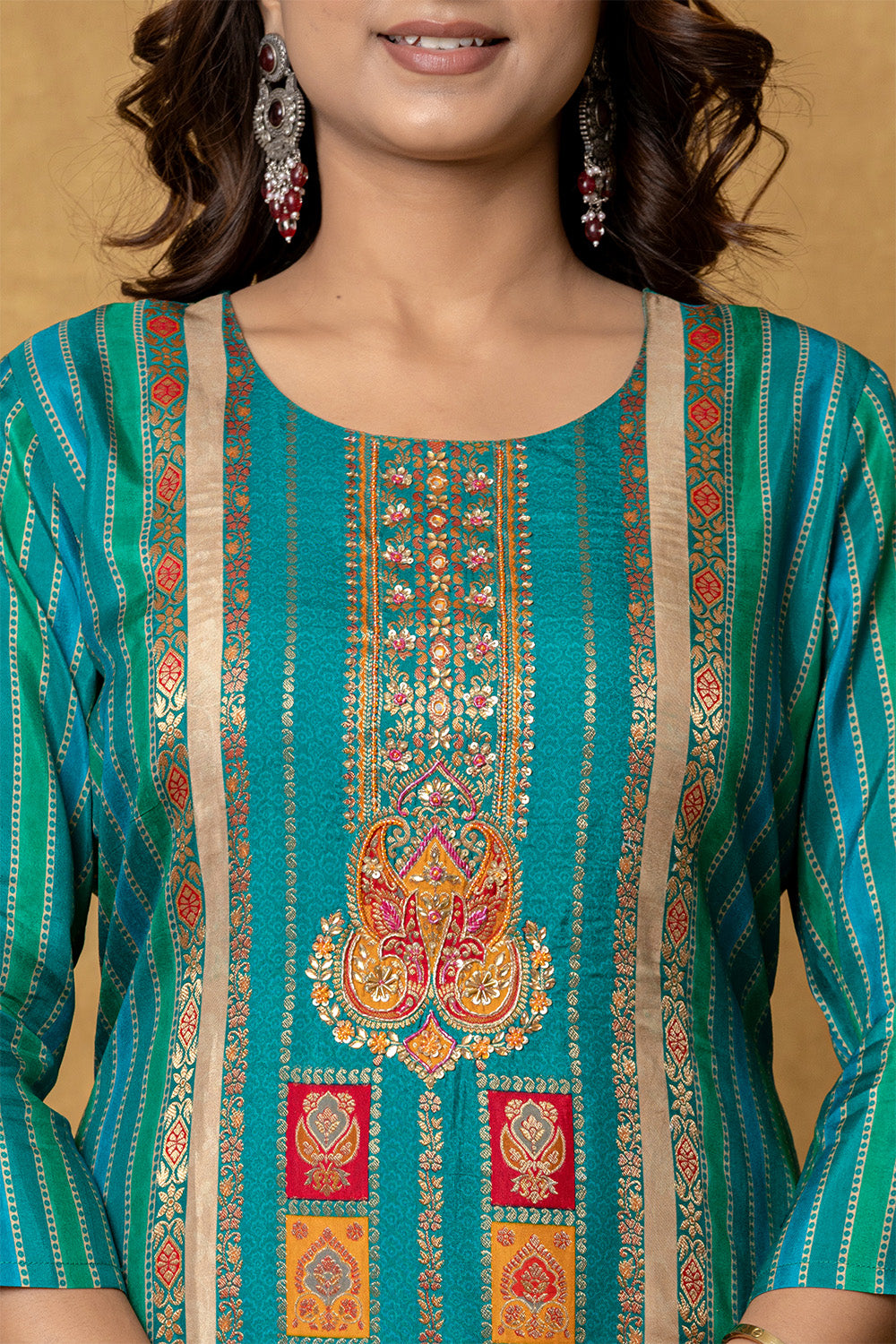 Teal & Blue Crepe Silk Printed Suit Set