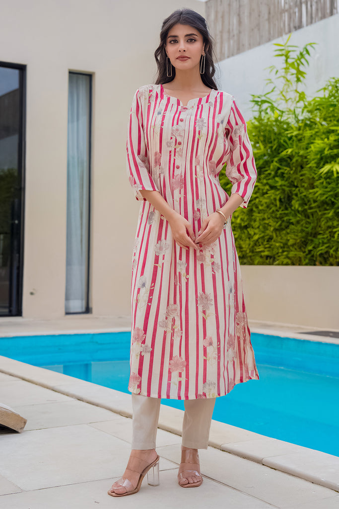 Beige & Maroon Floral Printed Muslin Kurta Set