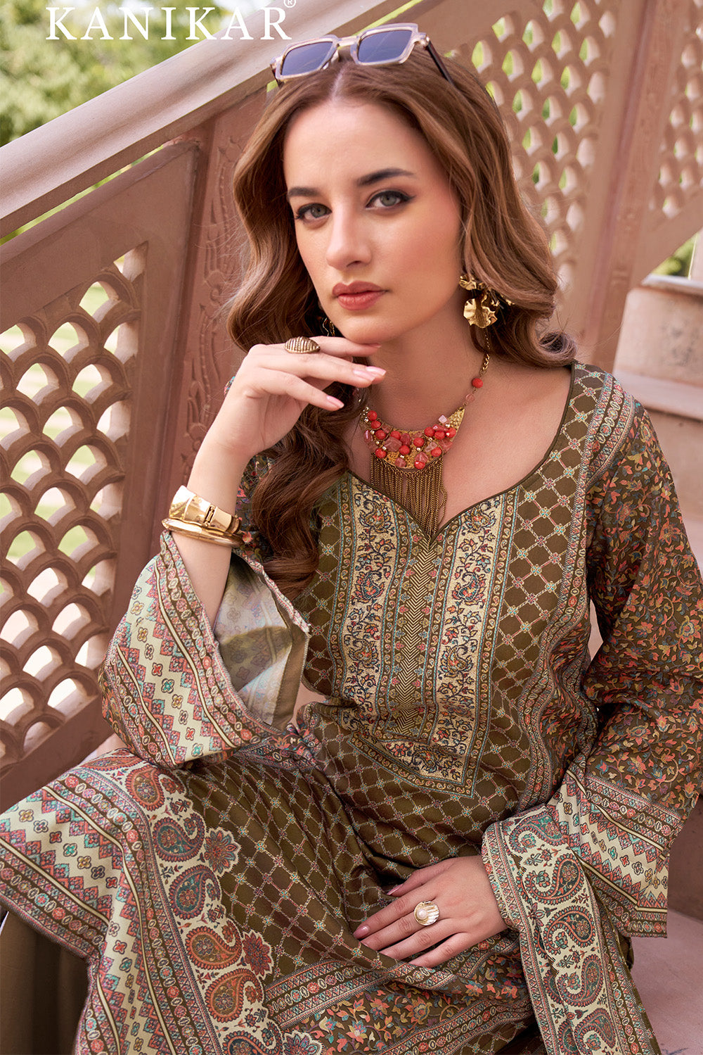 Beige & Sage Green Spun Mughal-Inspired Paisley Printed Unstitched Suits Material