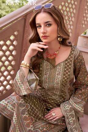 Beige & Sage Green Spun Mughal-Inspired Paisley Printed Unstitched Suits Material