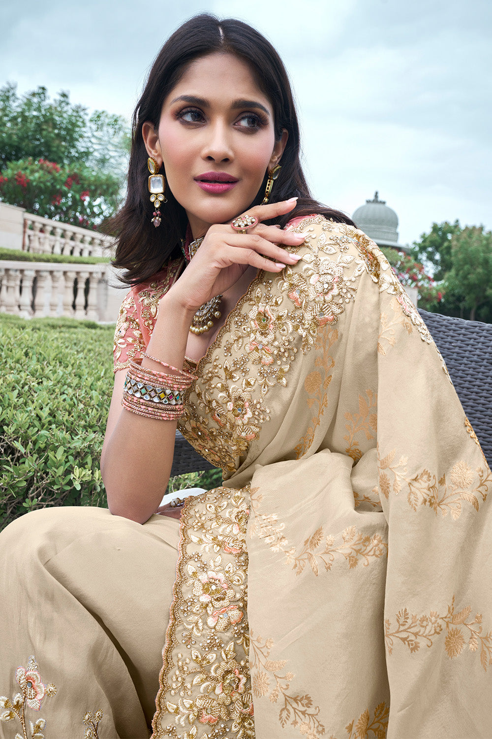 Cream Color Tissue Silk Embroidered Saree