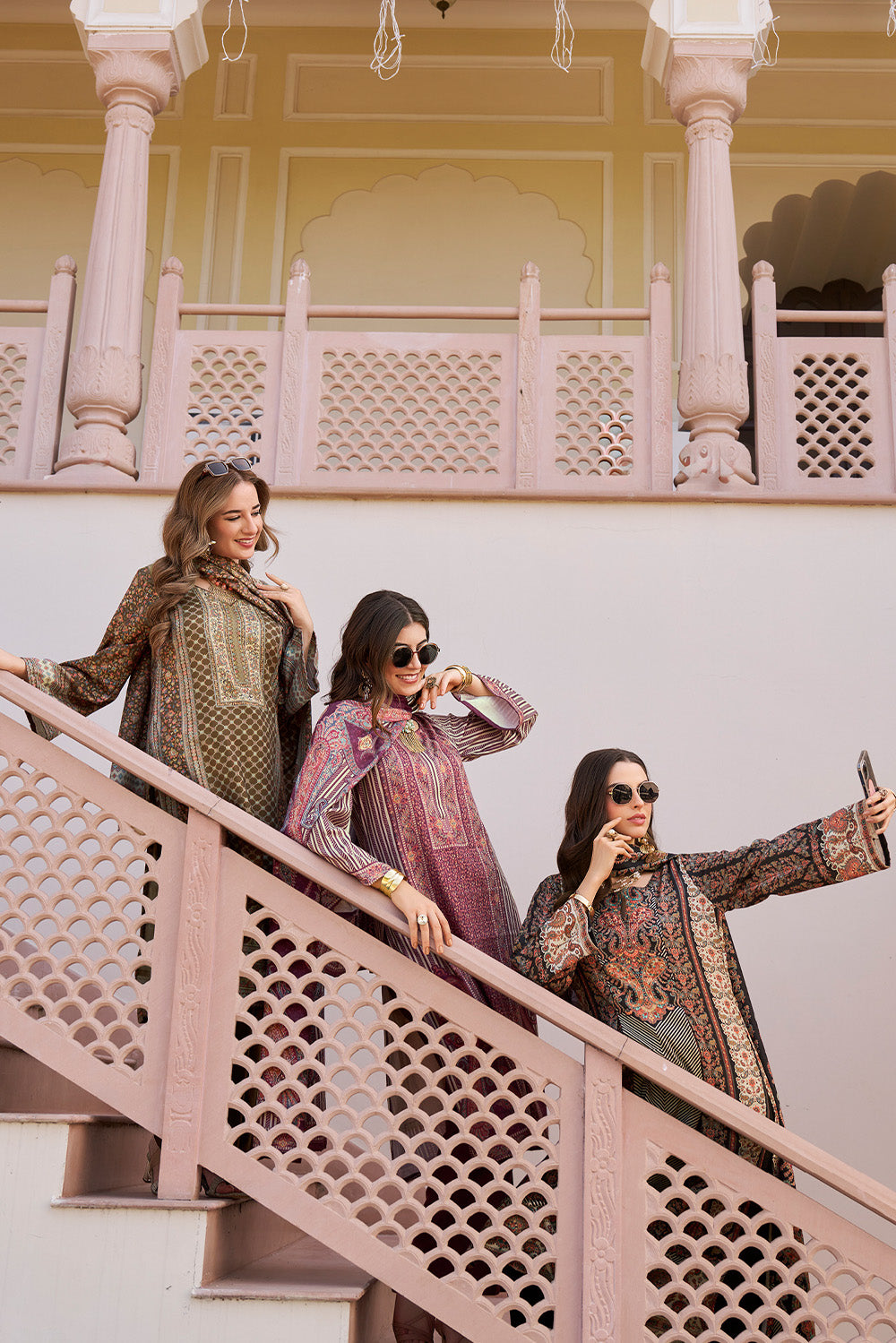 Beige & Sage Green Spun Mughal-Inspired Paisley Printed Unstitched Suits Material
