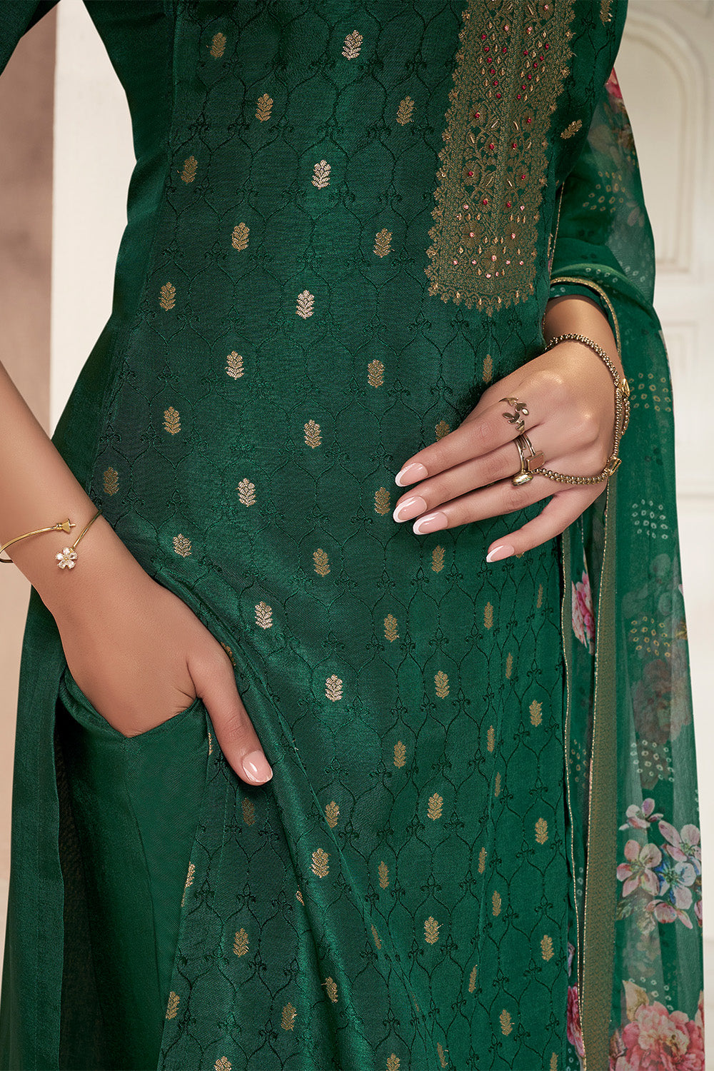 Bottle Green Color Silk Woven Straight Suit