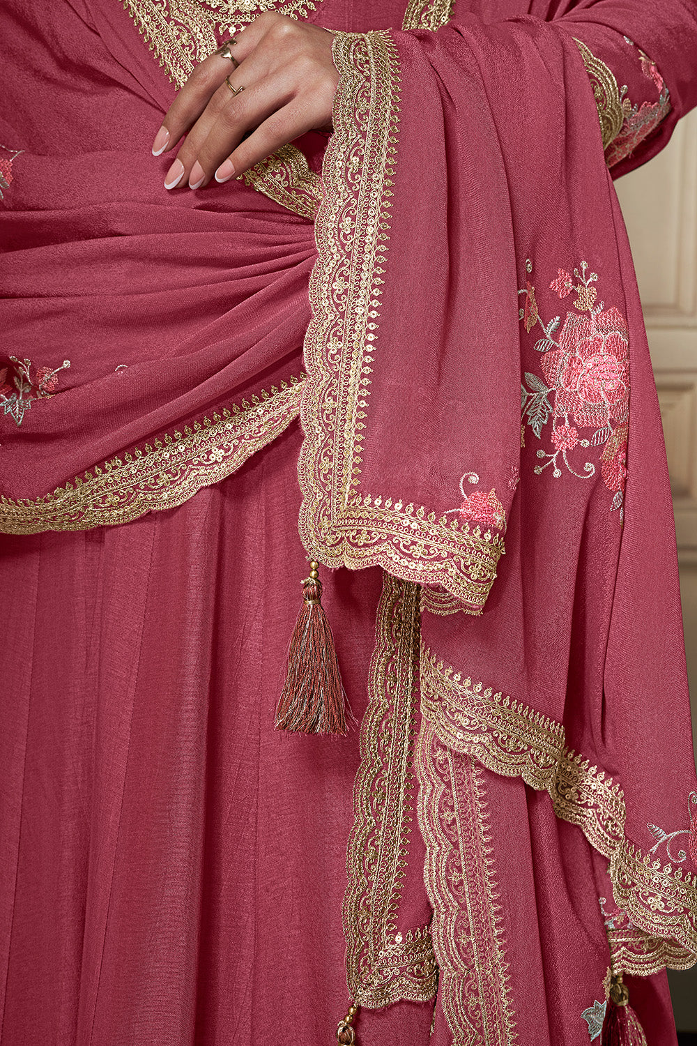 Solid Pink Color Silk Embroidered Anarkali Kurti  With Dupatta