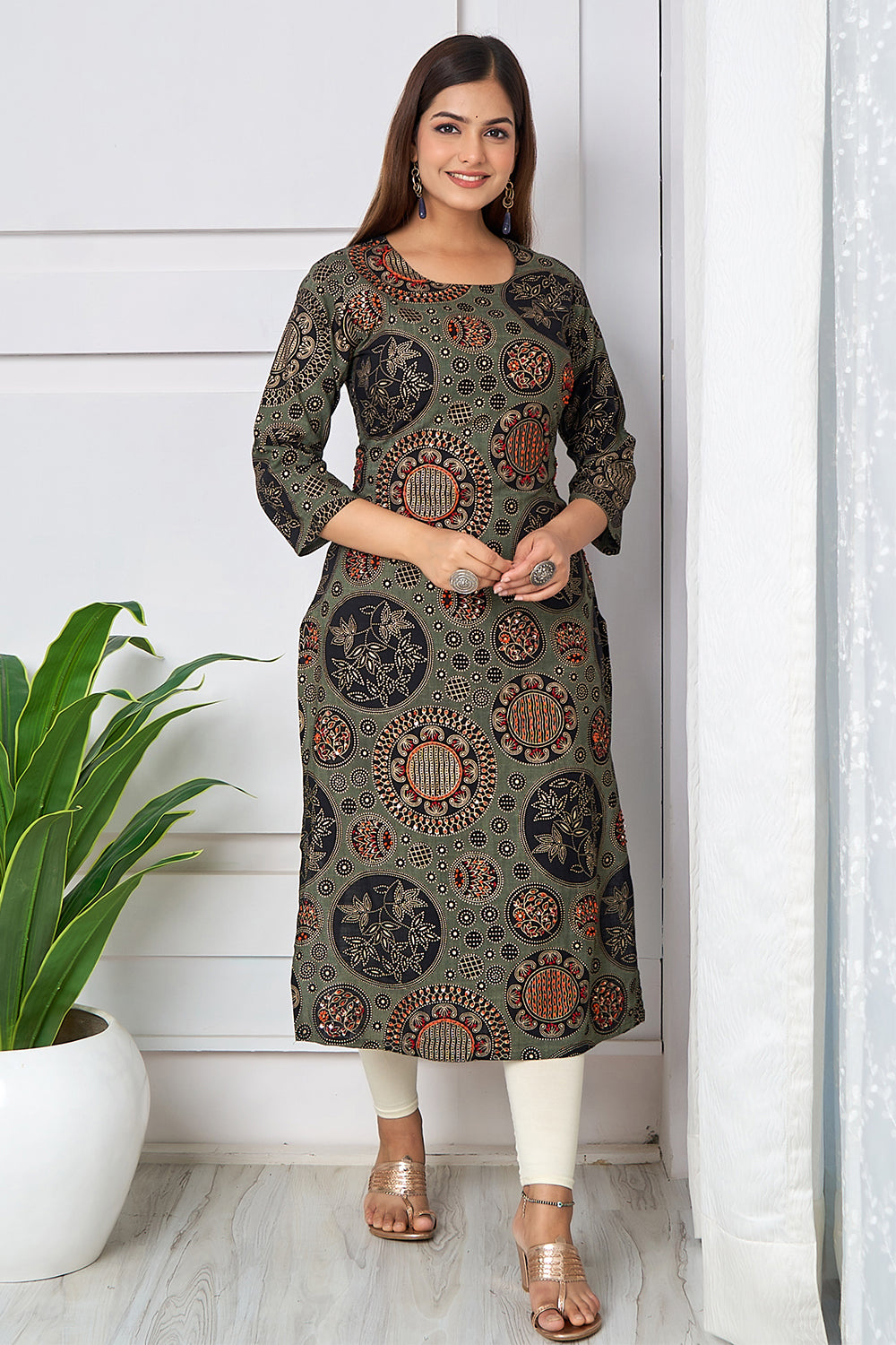 Sage Green Color Bandhej Printed Cotton Kurta.