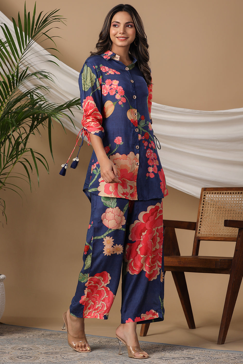 Navy Blue Color Muslin Printed Co-Ord Set