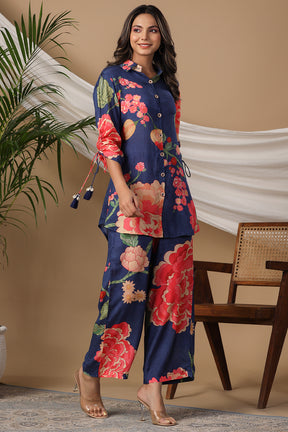 Navy Blue Color Muslin Printed Co-Ord Set