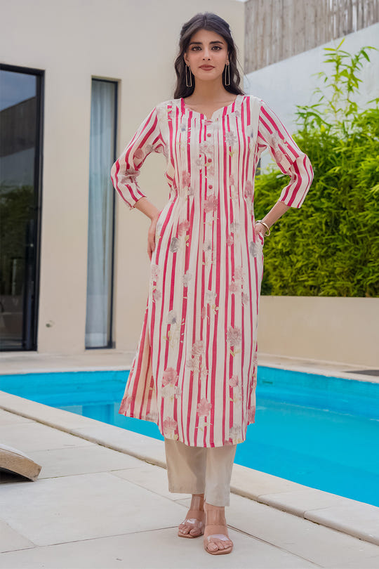 Beige & Maroon Floral Printed Muslin Kurta Set