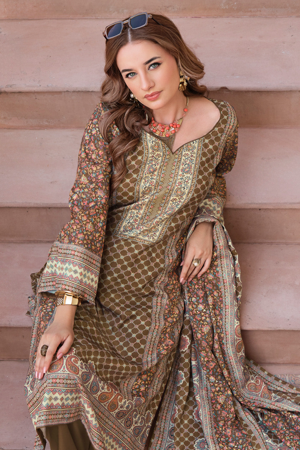 Beige & Sage Green Spun Mughal-Inspired Paisley Printed Unstitched Suits Material